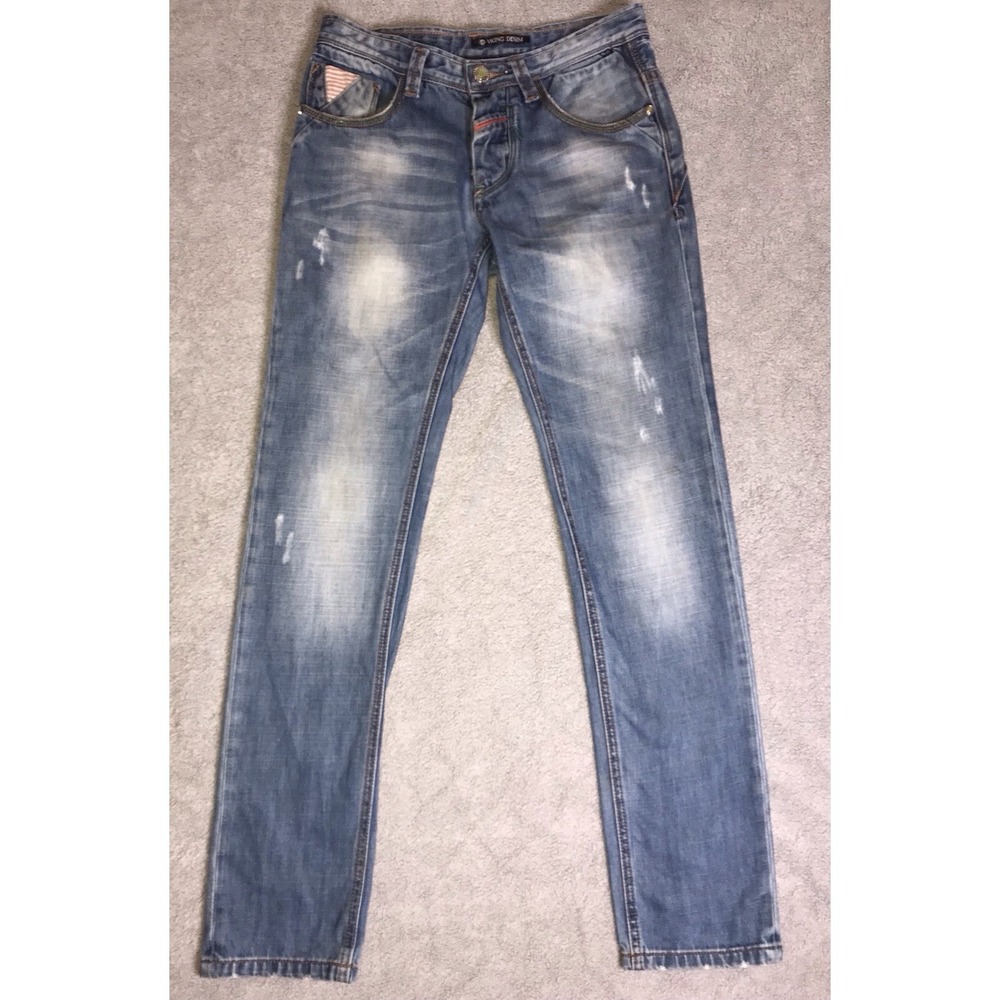VKING Denim‎ Jeans Mens 32 Blue Denim 30x33 Buttonfly Embroidered Distressed